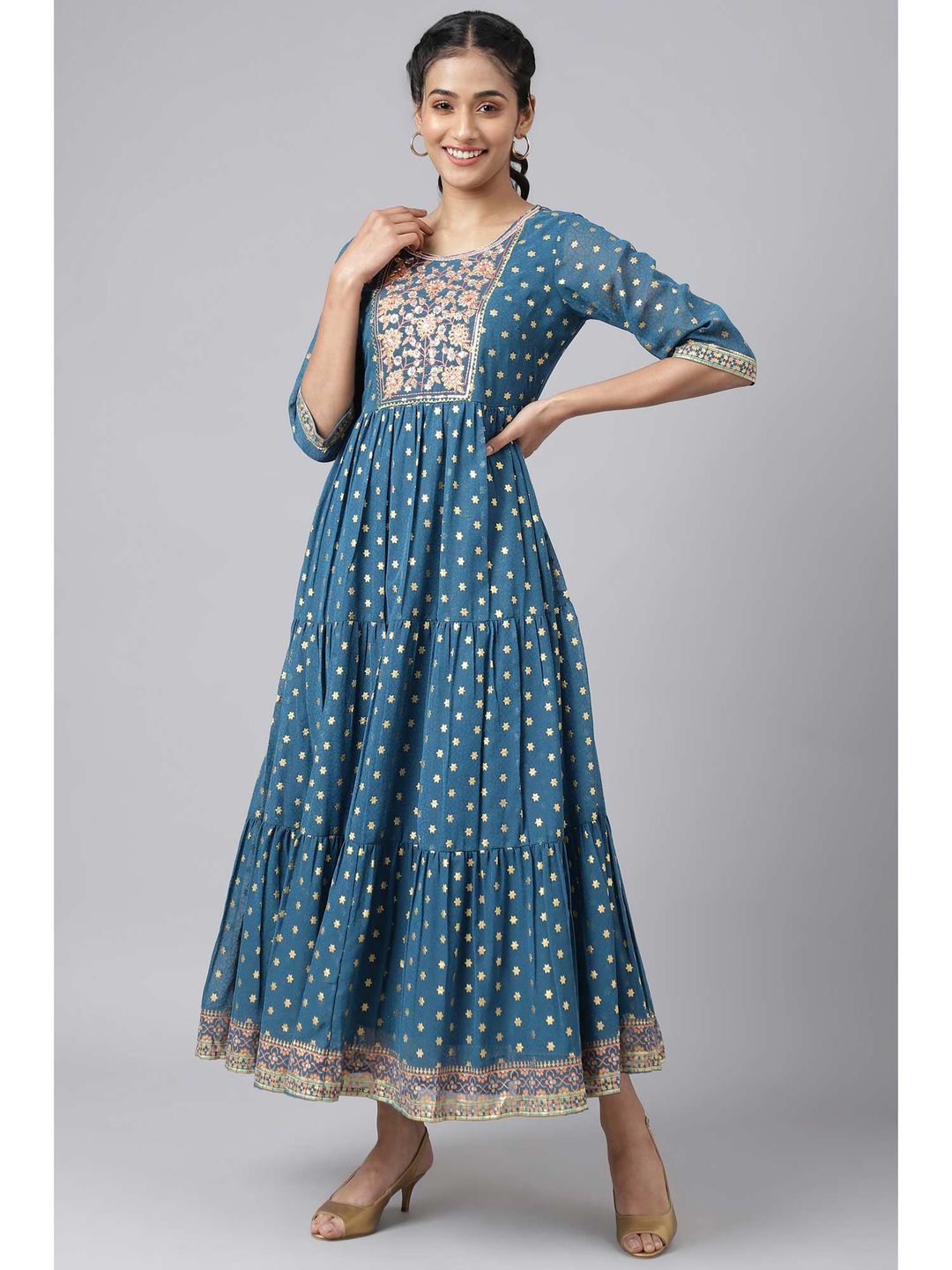 Blue Full Length Tiered Dress Embellished with Sequins