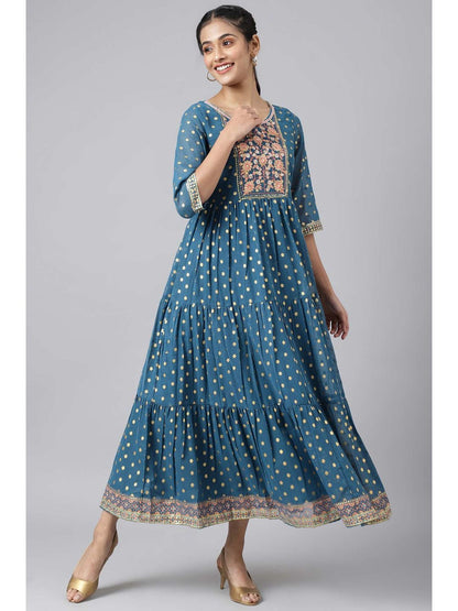 Blue Full Length Tiered Dress Embellished with Sequins