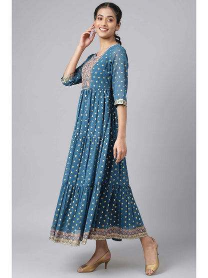 Blue Full Length Tiered Dress Embellished with Sequins