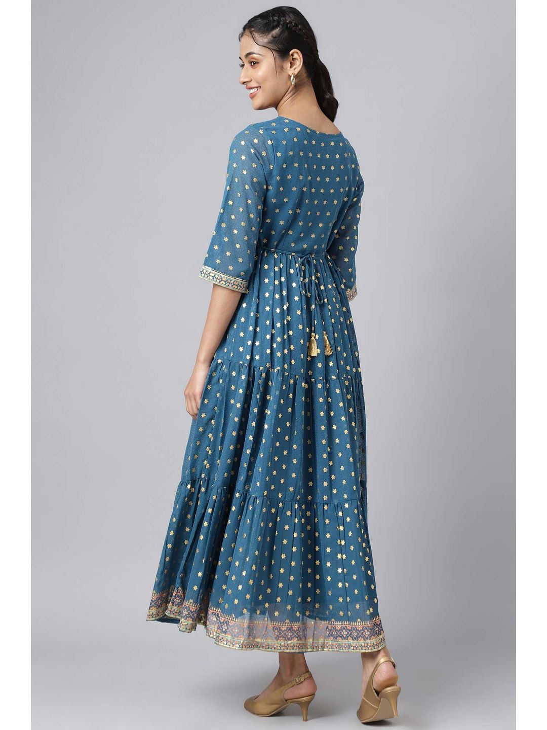 Blue Full Length Tiered Dress Embellished with Sequins