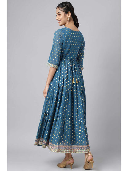 Blue Full Length Tiered Dress Embellished with Sequins