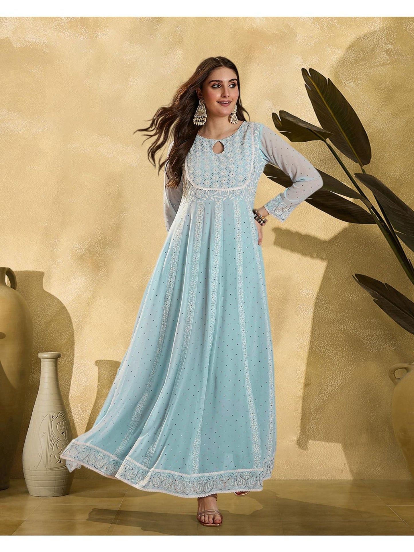 Blue Georgette Embroidered Flared Gown