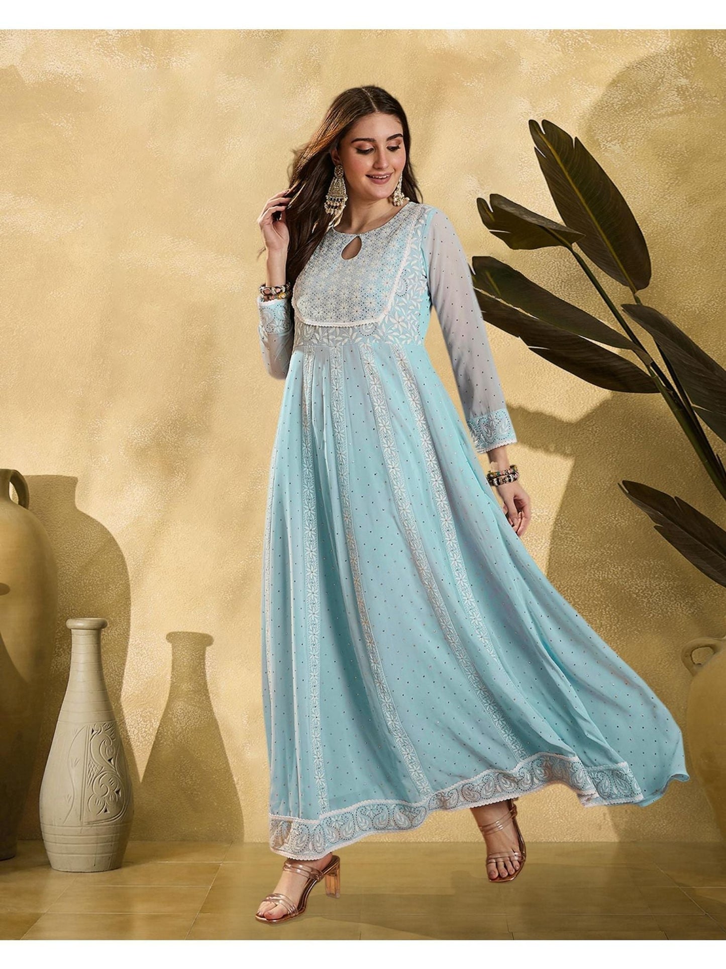 Blue Georgette Embroidered Flared Gown
