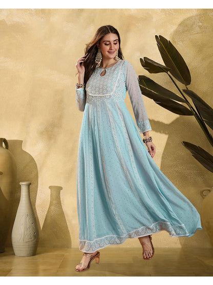 Blue Georgette Embroidered Flared Gown