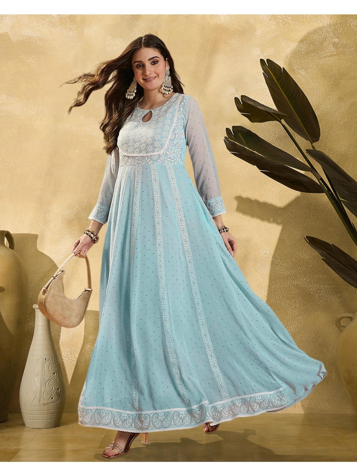 Blue Georgette Embroidered Flared Gown