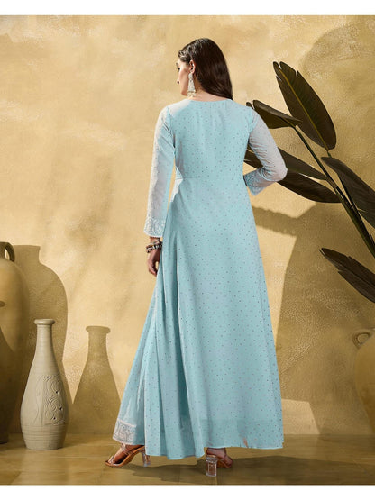 Blue Georgette Embroidered Flared Gown
