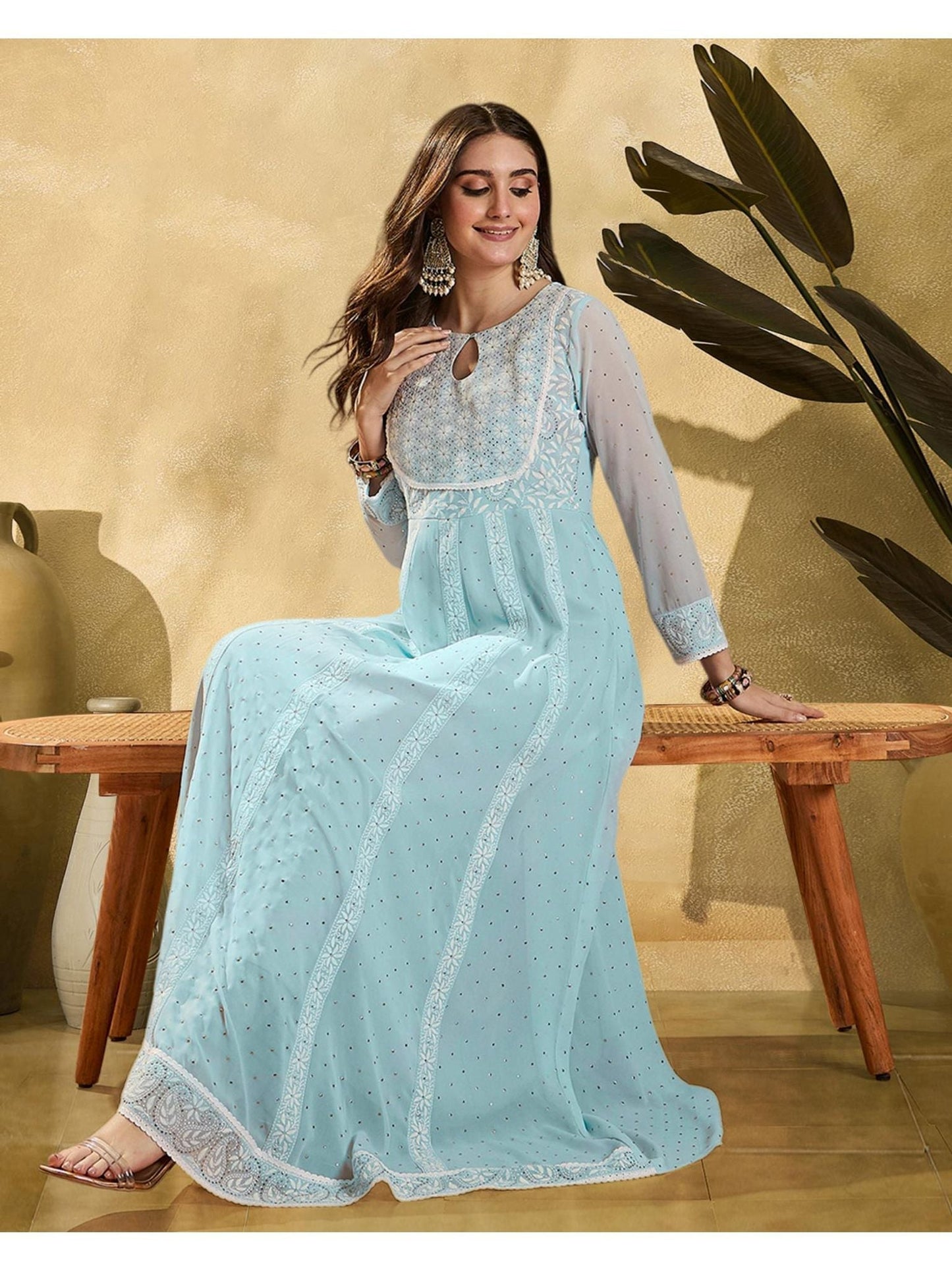 Blue Georgette Embroidered Flared Gown
