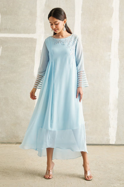 Blue Georgette Embroidery Round Neck Asymmetric Tunic Dress
