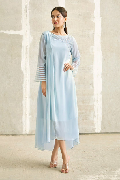 Blue Georgette Embroidery Round Neck Asymmetric Tunic Dress