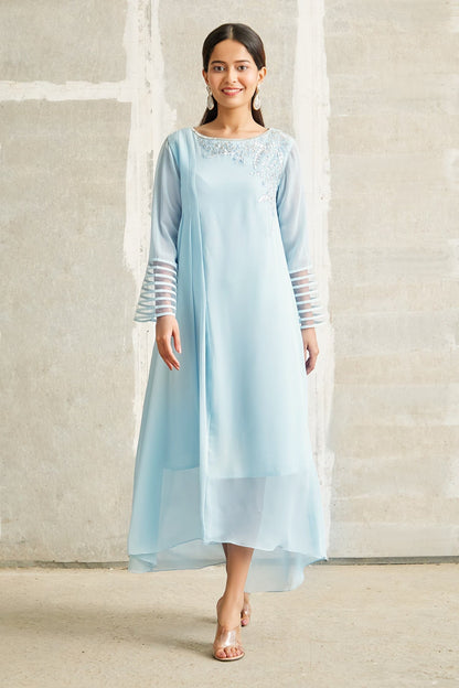 Blue Georgette Embroidery Round Neck Asymmetric Tunic Dress