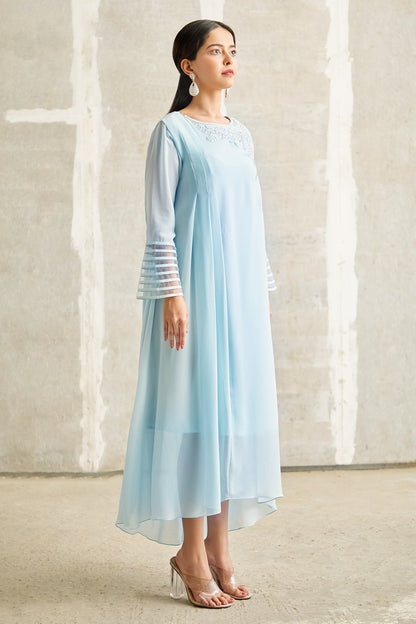 Blue Georgette Embroidery Round Neck Asymmetric Tunic Dress