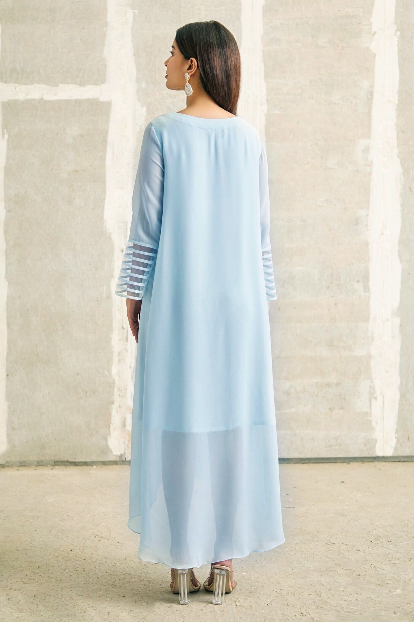 Blue Georgette Embroidery Round Neck Asymmetric Tunic Dress