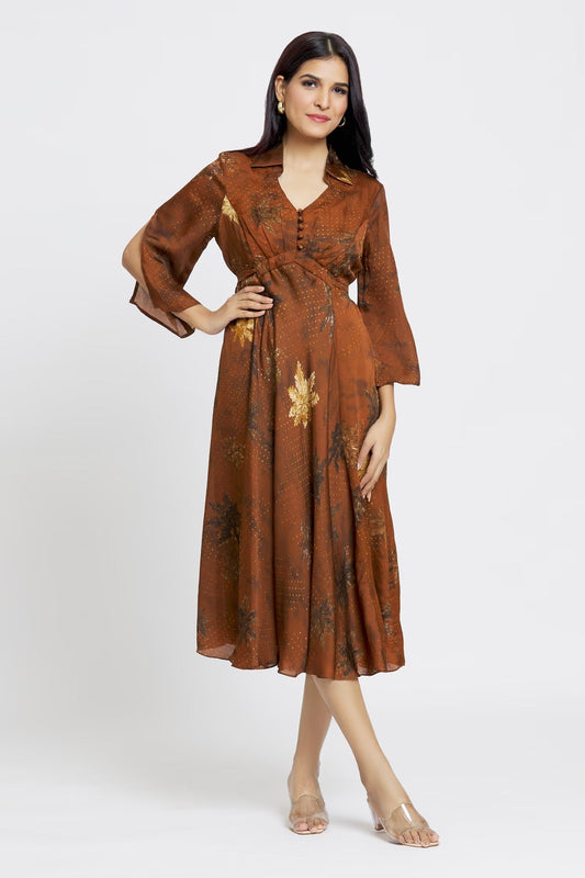 Brown Organza, Satin Embroidery Shawl Neck Maple Dot Print Dress
