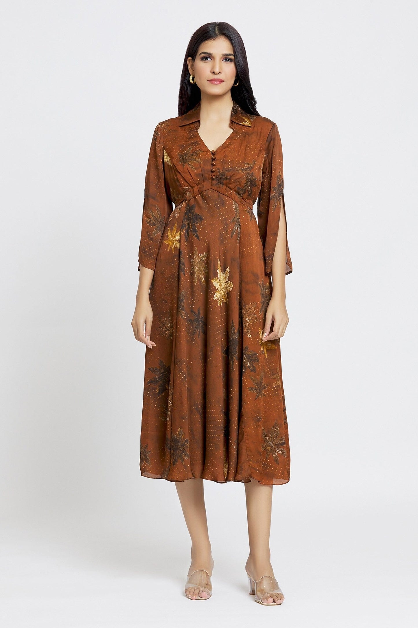 Brown Organza, Satin Embroidery Shawl Neck Maple Dot Print Dress