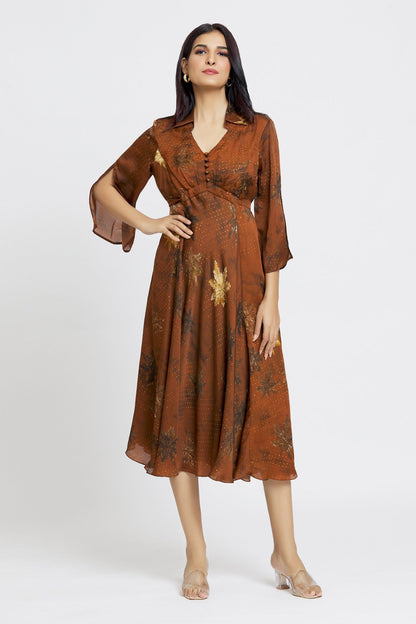 Brown Organza, Satin Embroidery Shawl Neck Maple Dot Print Dress