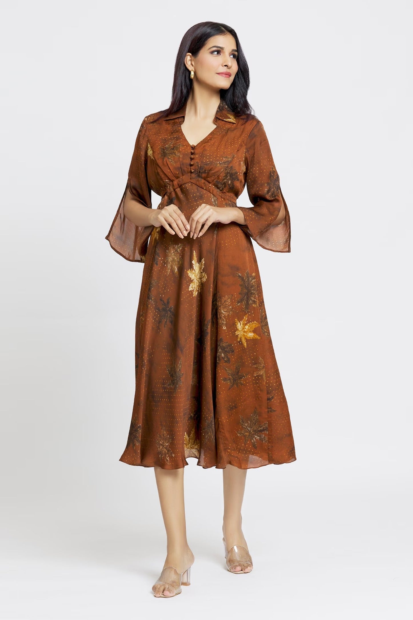 Brown Organza, Satin Embroidery Shawl Neck Maple Dot Print Dress