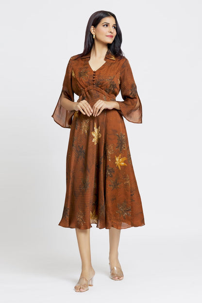 Brown Organza, Satin Embroidery Shawl Neck Maple Dot Print Dress