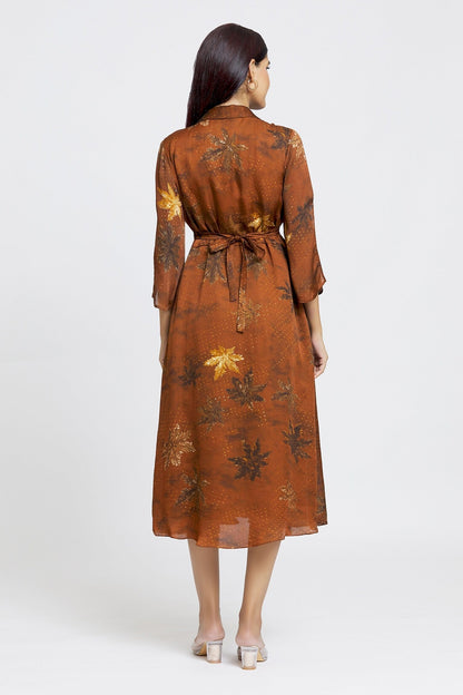 Brown Organza, Satin Embroidery Shawl Neck Maple Dot Print Dress