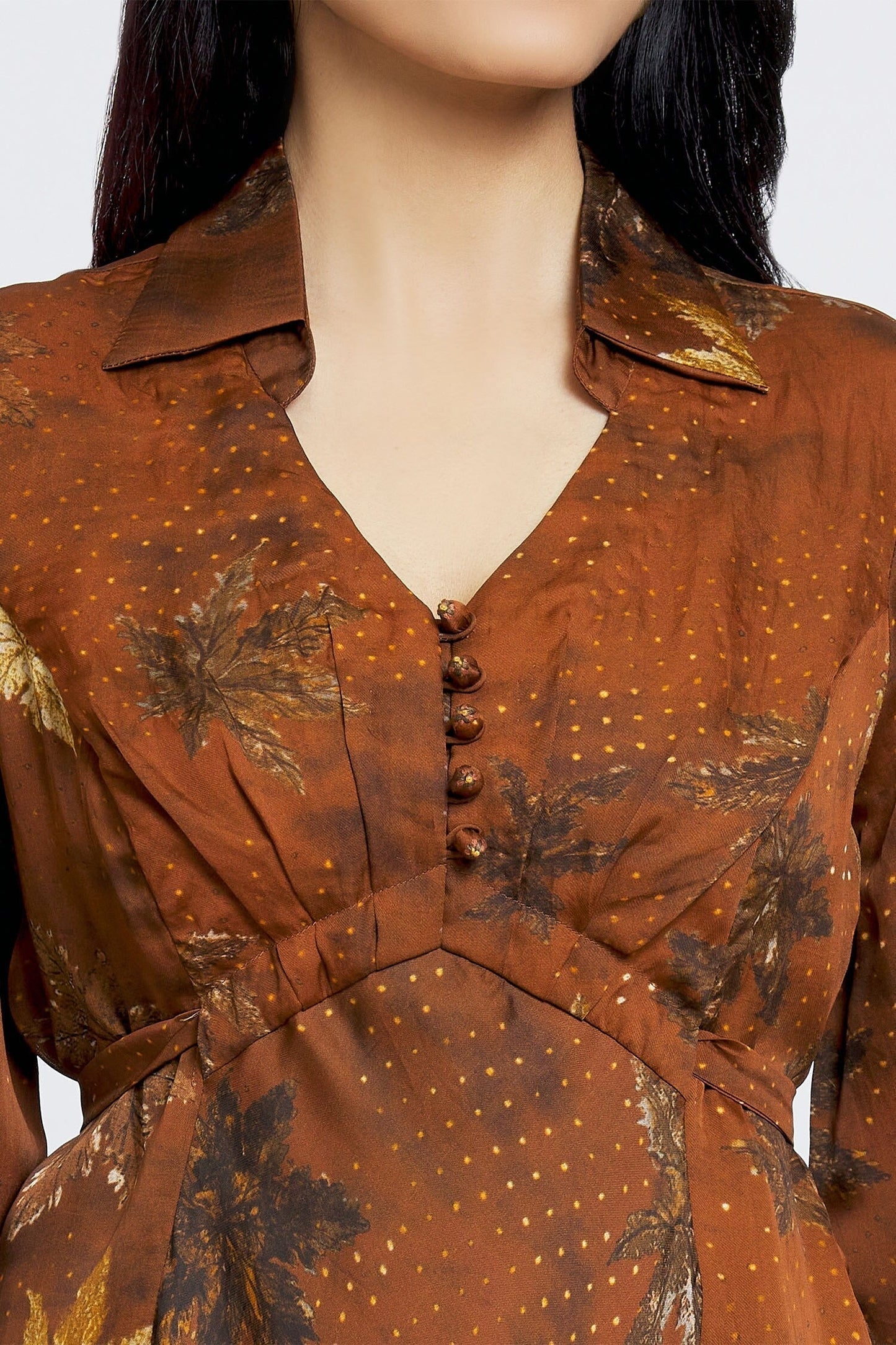 Brown Organza, Satin Embroidery Shawl Neck Maple Dot Print Dress
