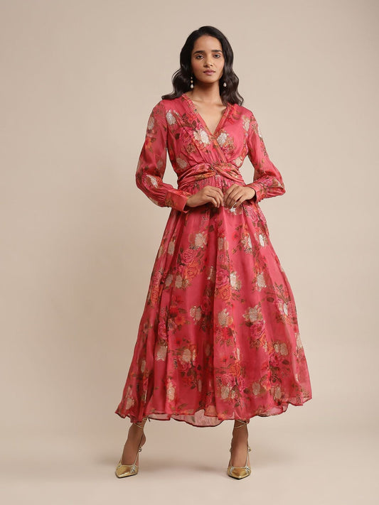 Coral Floral Print Organza Dress