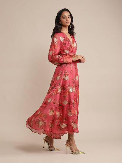 Coral Floral Print Organza Dress