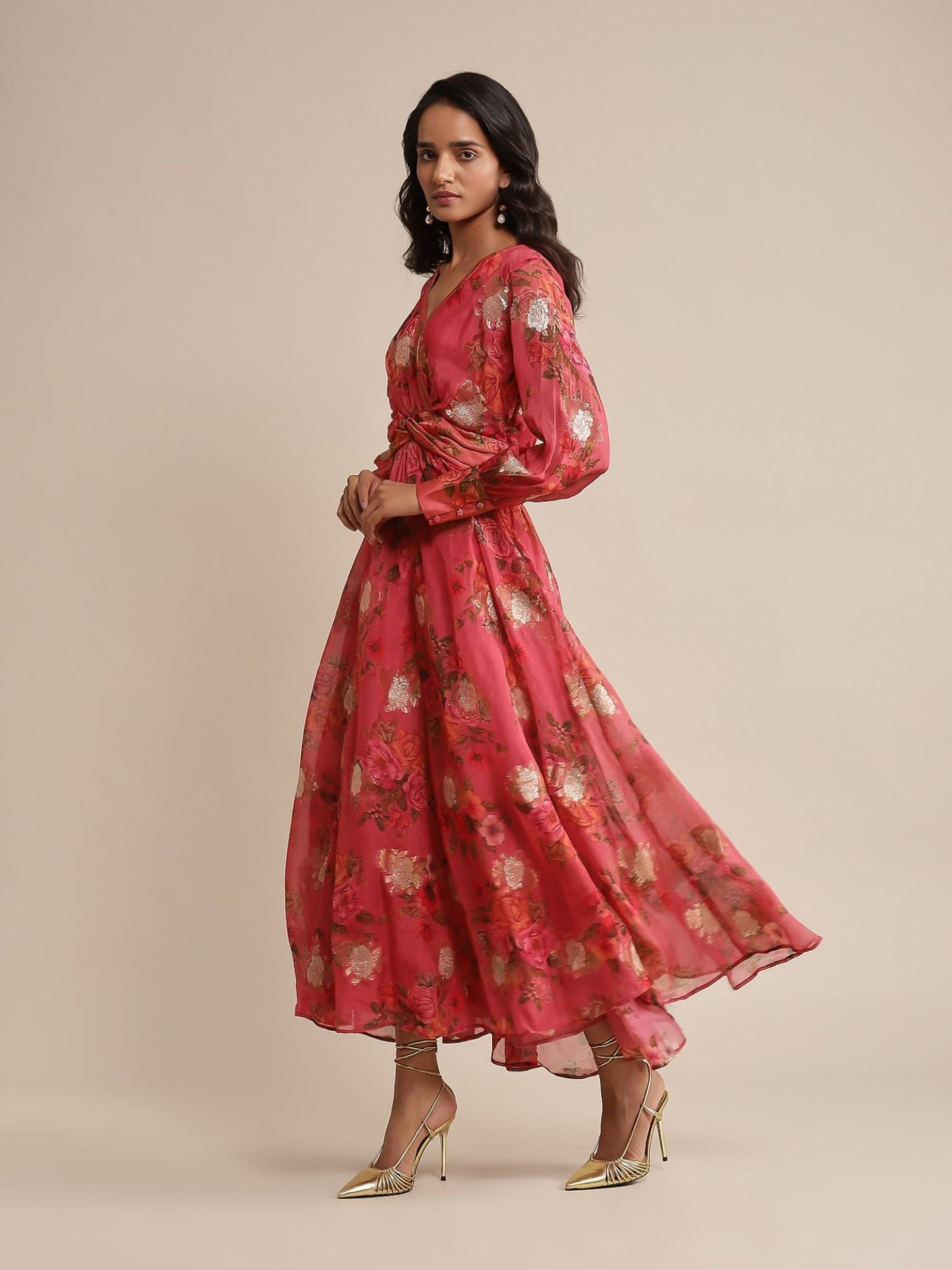 Coral Floral Print Organza Dress
