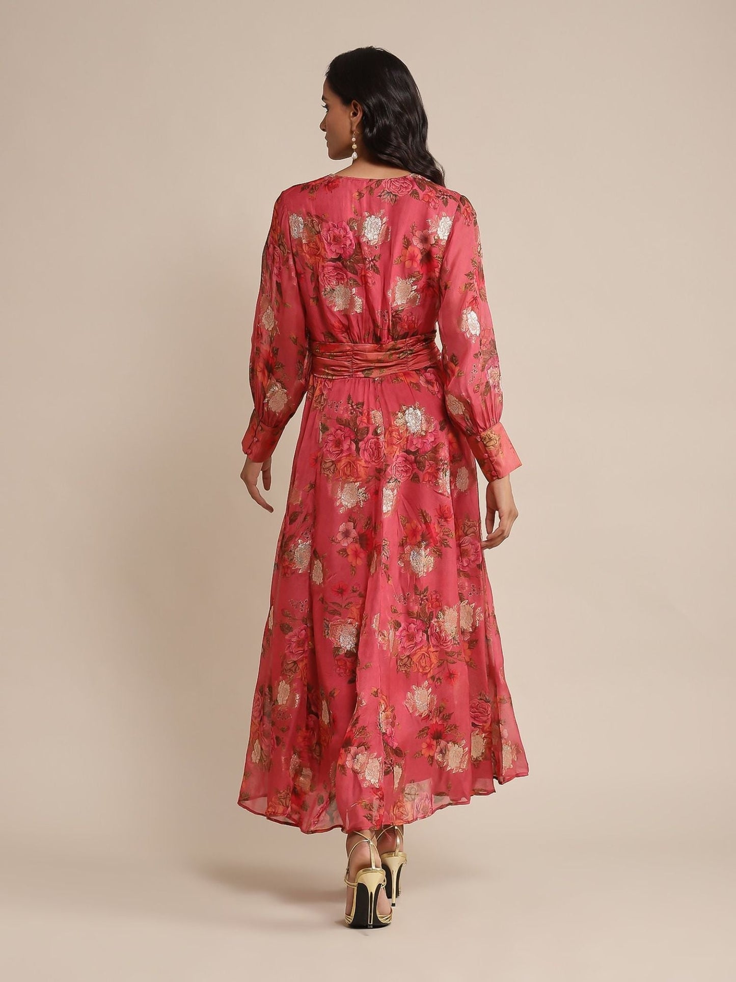 Coral Floral Print Organza Dress