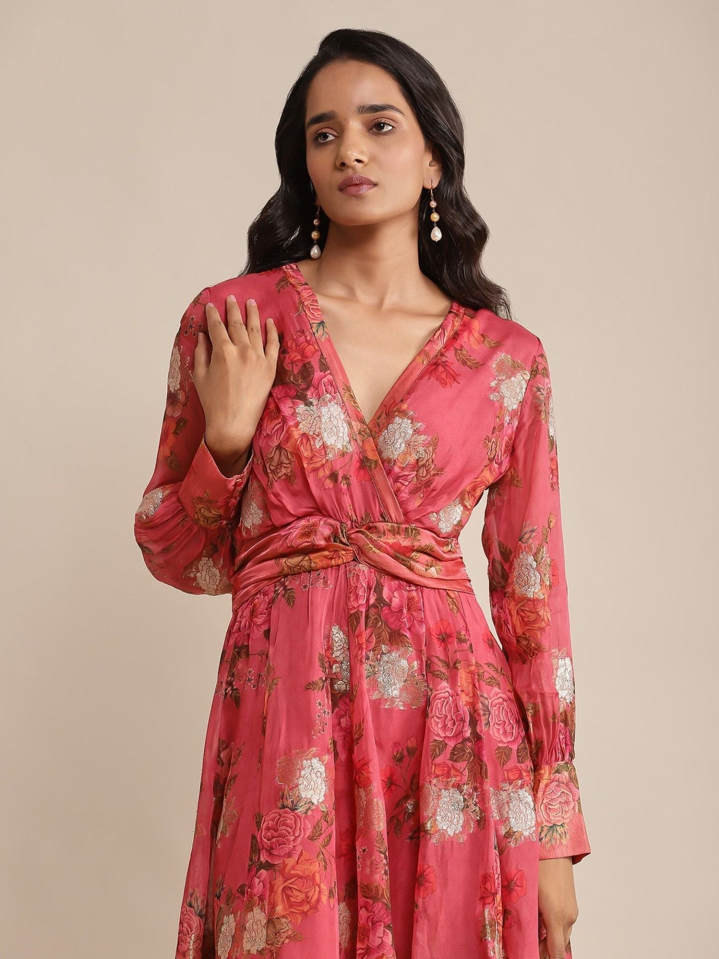 Coral Floral Print Organza Dress