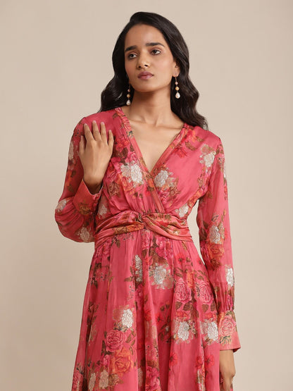 Coral Floral Print Organza Dress