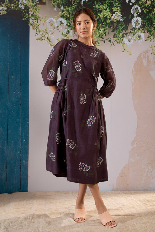 Dark Wine Purple Chanderi, Cotton Embroidery Round Neck Dahlia Block Print Midi Dress
