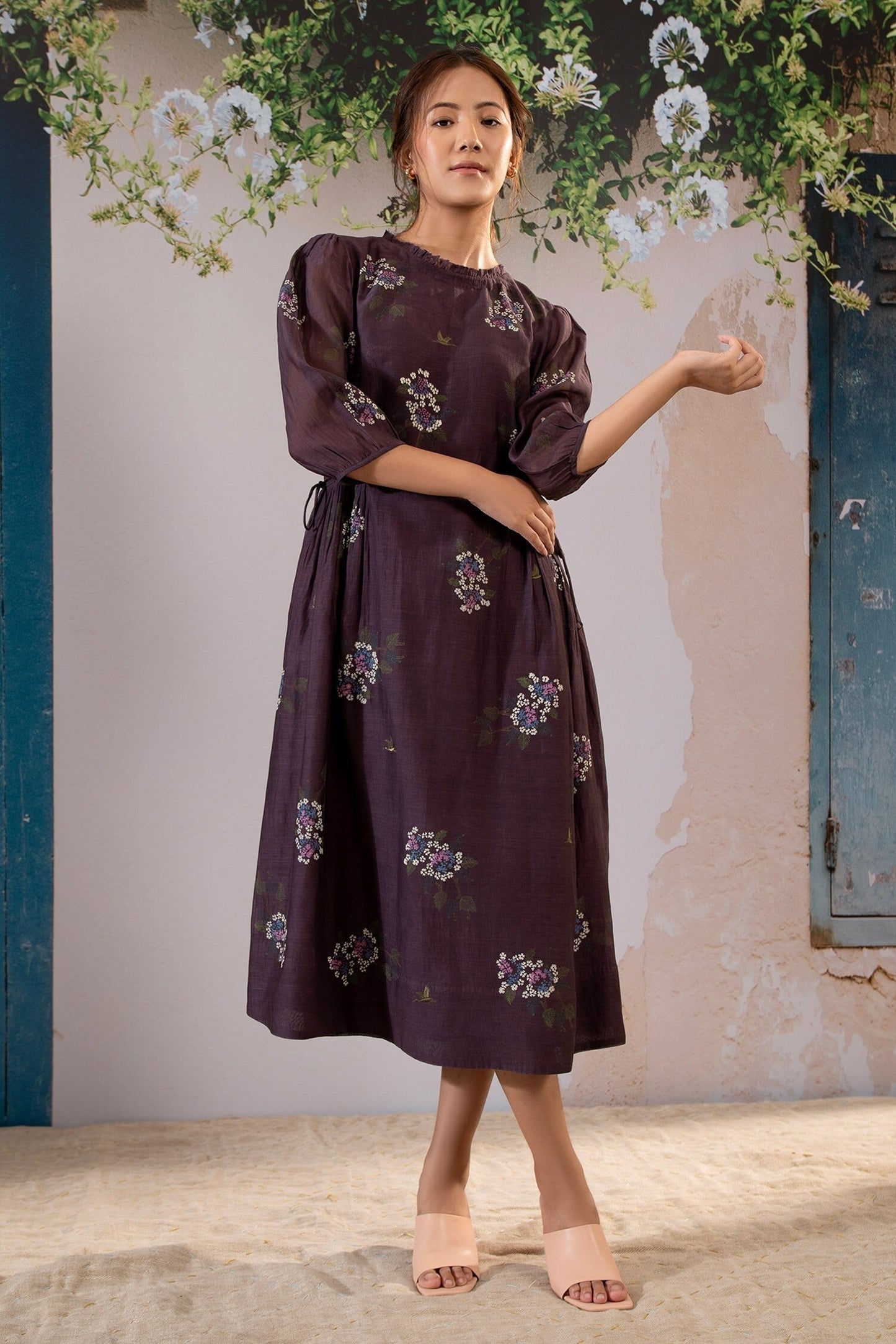Dark Wine Purple Chanderi, Cotton Embroidery Round Neck Dahlia Block Print Midi Dress