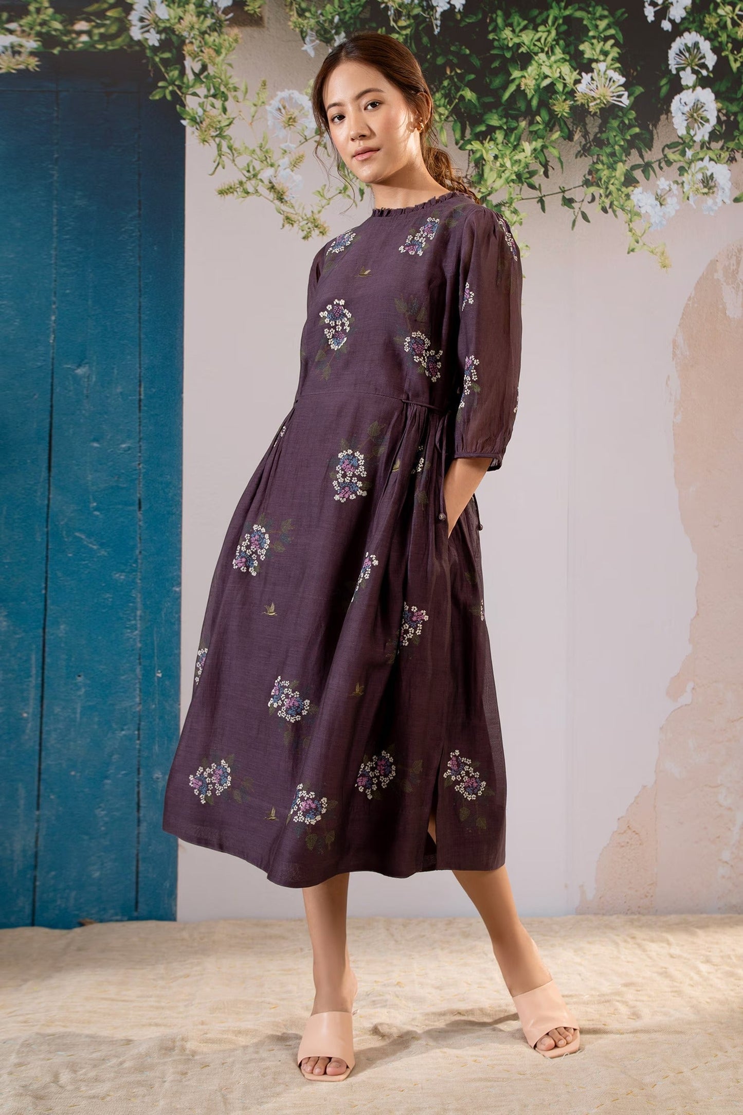 Dark Wine Purple Chanderi, Cotton Embroidery Round Neck Dahlia Block Print Midi Dress