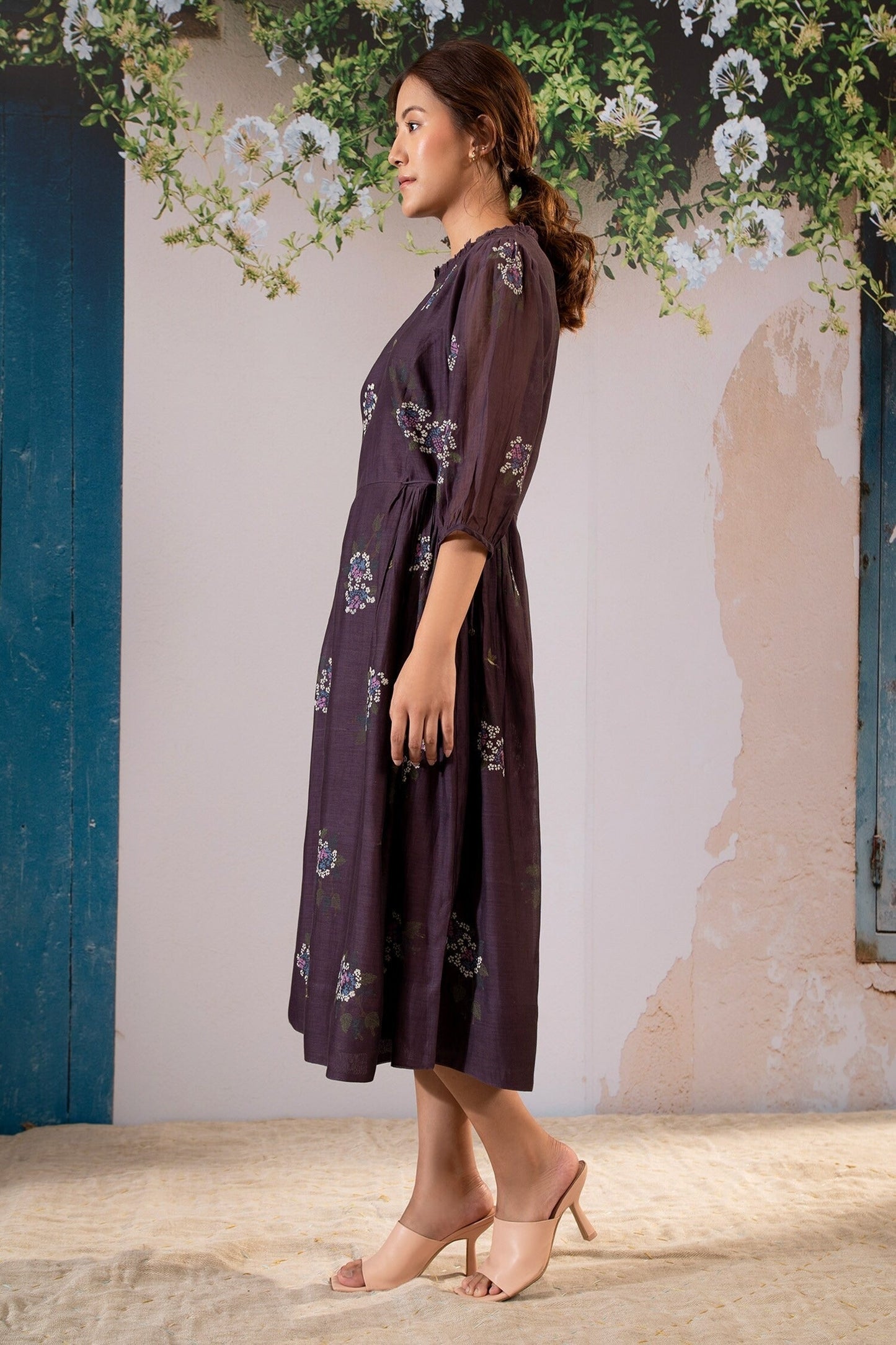 Dark Wine Purple Chanderi, Cotton Embroidery Round Neck Dahlia Block Print Midi Dress
