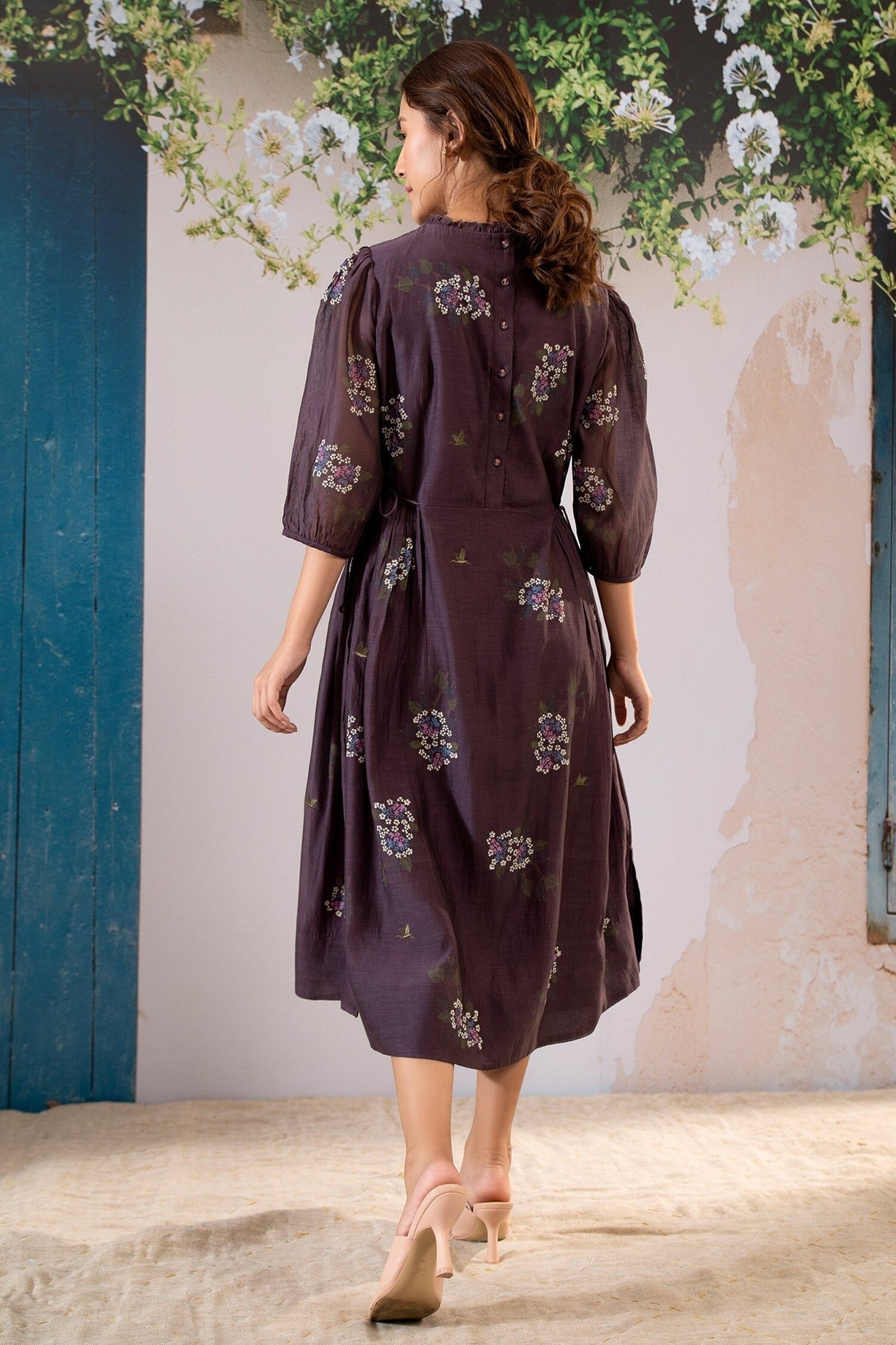 Dark Wine Purple Chanderi, Cotton Embroidery Round Neck Dahlia Block Print Midi Dress