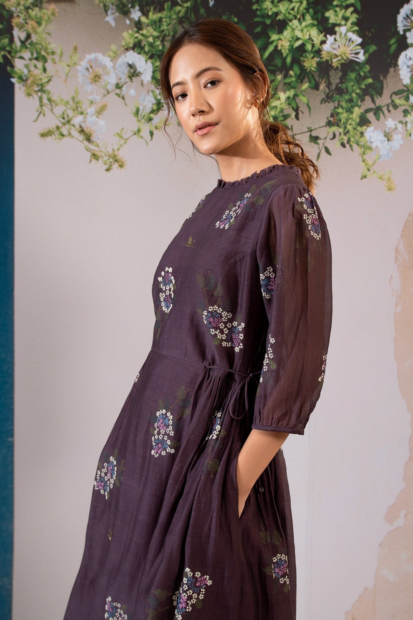 Dark Wine Purple Chanderi, Cotton Embroidery Round Neck Dahlia Block Print Midi Dress
