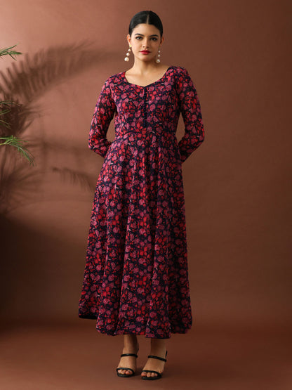Deep Red Floral Printed A-Line Georgette Ethnic Dress
