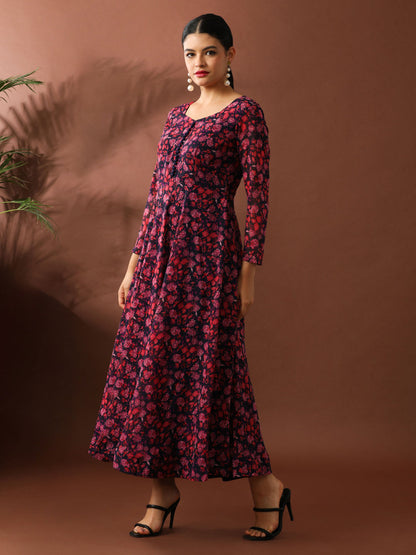 Deep Red Floral Printed A-Line Georgette Ethnic Dress