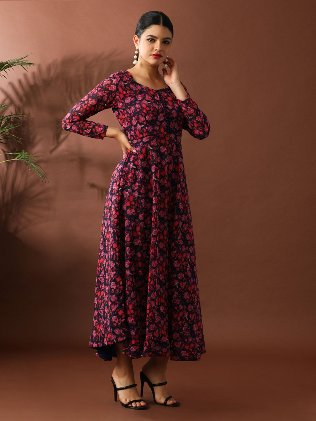 Deep Red Floral Printed A-Line Georgette Ethnic Dress