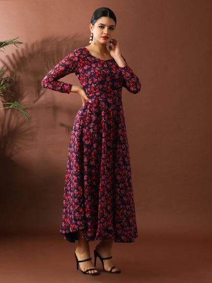 Deep Red Floral Printed A-Line Georgette Ethnic Dress