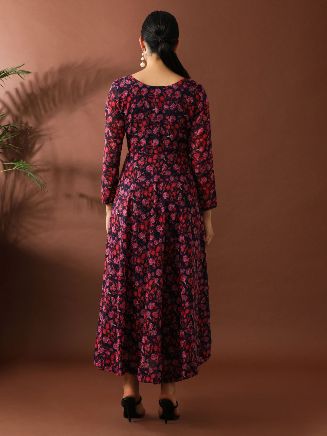 Deep Red Floral Printed A-Line Georgette Ethnic Dress