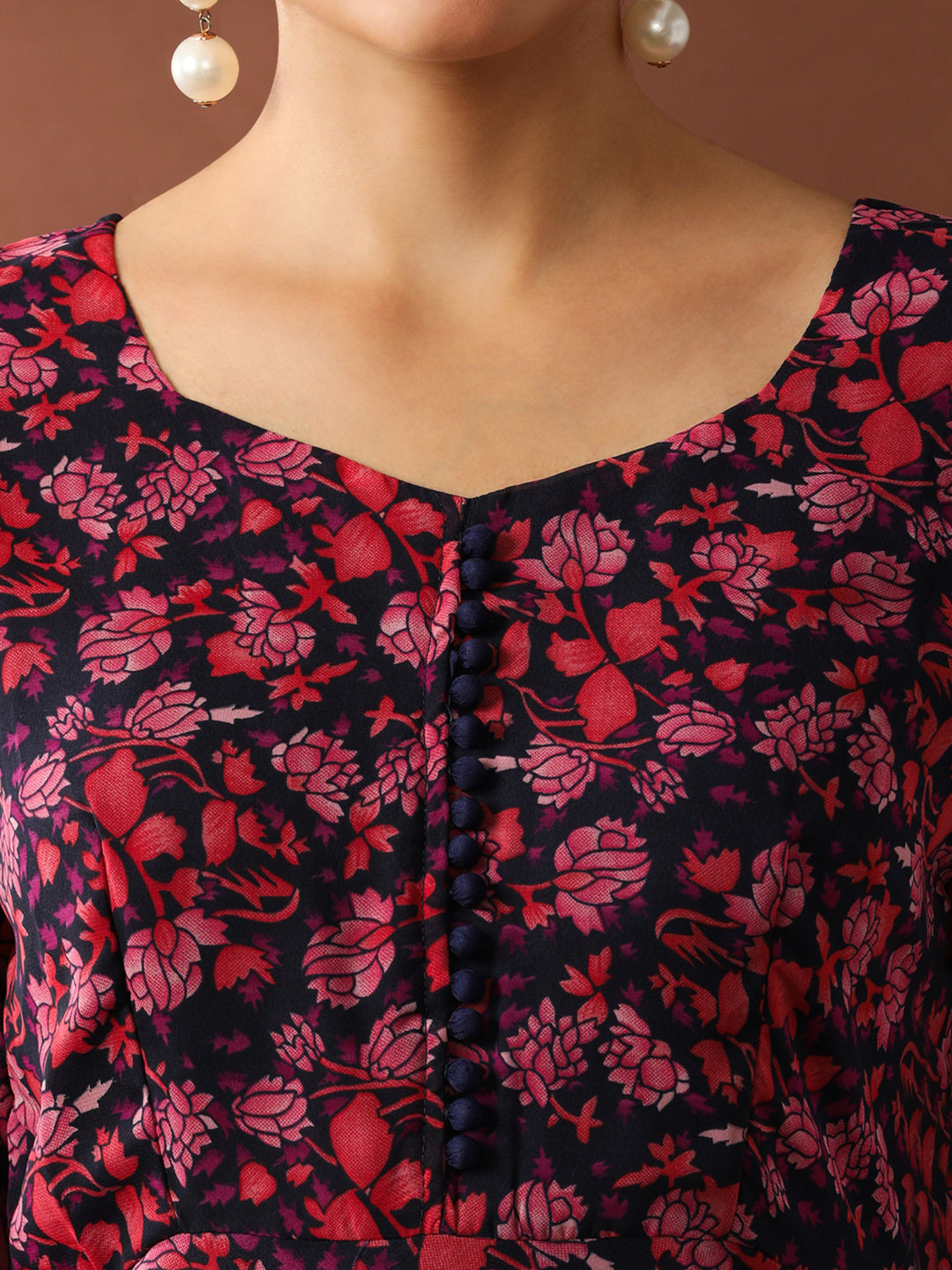 Deep Red Floral Printed A-Line Georgette Ethnic Dress