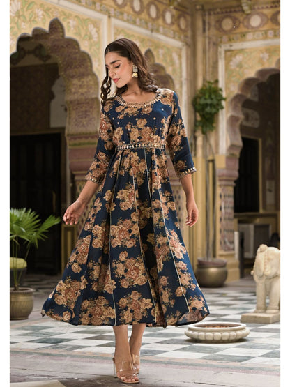 Denim Blue & Beige Round Neck Floral Print Kurta Dress