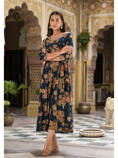Denim Blue & Beige Round Neck Floral Print Kurta Dress