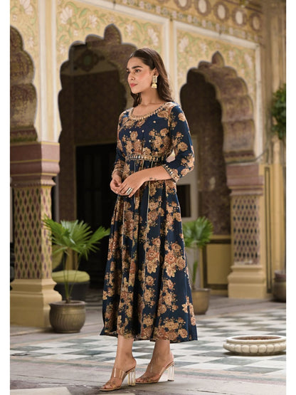 Denim Blue & Beige Round Neck Floral Print Kurta Dress