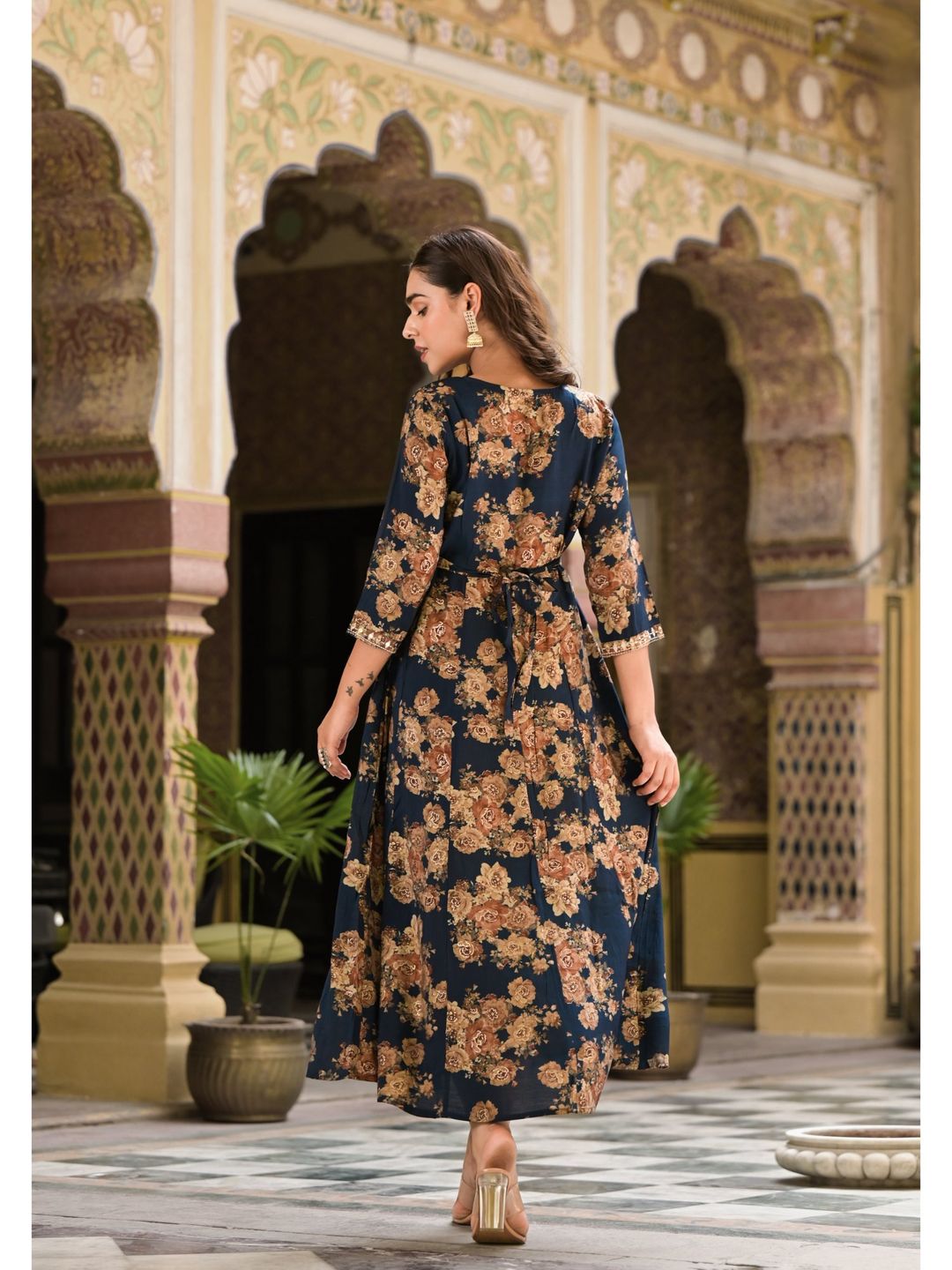 Denim Blue & Beige Round Neck Floral Print Kurta Dress