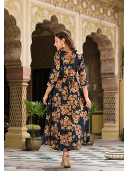 Denim Blue & Beige Round Neck Floral Print Kurta Dress