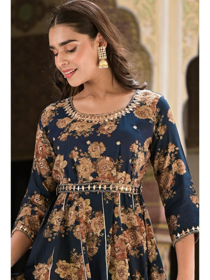 Denim Blue & Beige Round Neck Floral Print Kurta Dress