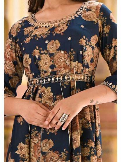 Denim Blue & Beige Round Neck Floral Print Kurta Dress