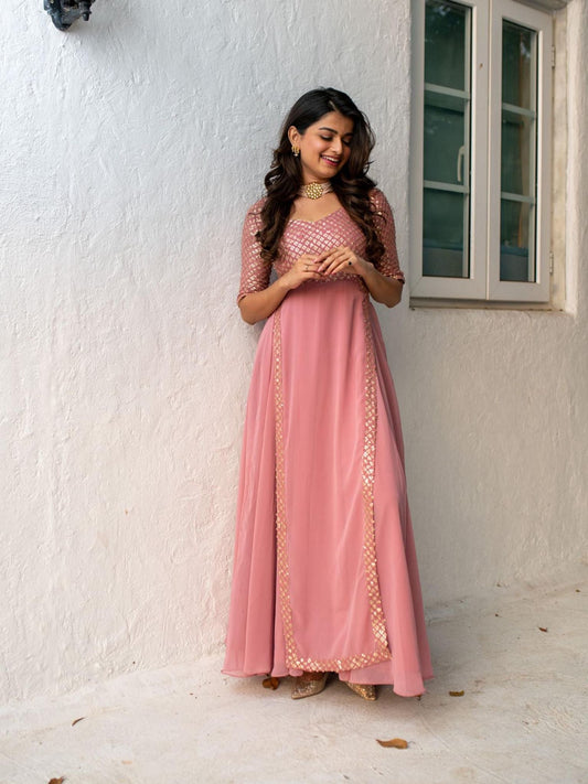 Dusty Pink Sequin Pannel Long Dress