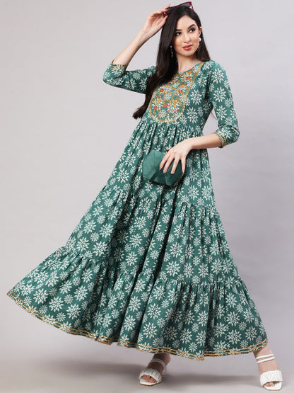 Ethnic Motifs Printed Embroidered Tiered Fit & Flare Ethnic Dress